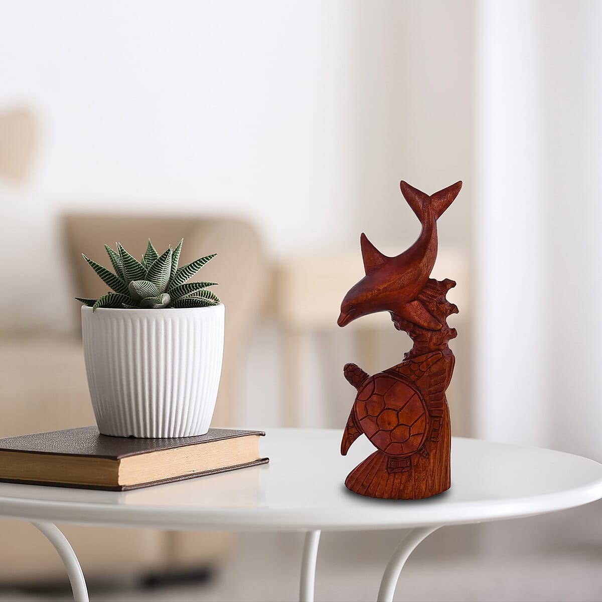 Wooden Sea Creature Turtle & Dolphin Sculpture image number 1