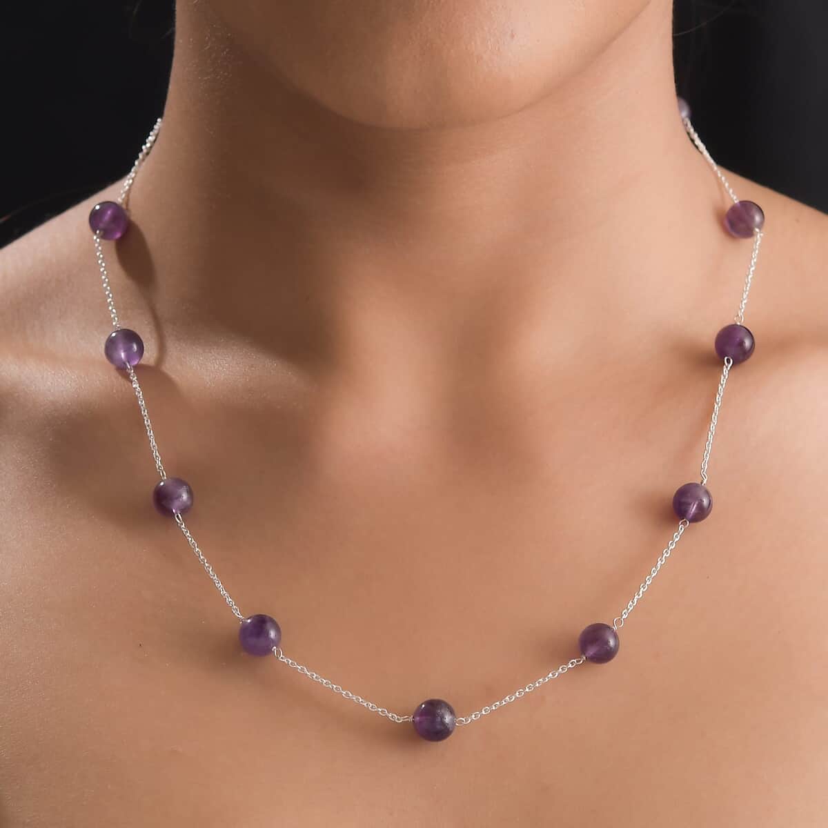 Amethyst Beaded Station Necklace 20 Inches in Sterling Silver 44.65 ctw image number 2