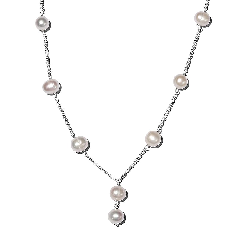 Freshwater Pearl Station Necklace 20 Inches in Sterling Silver