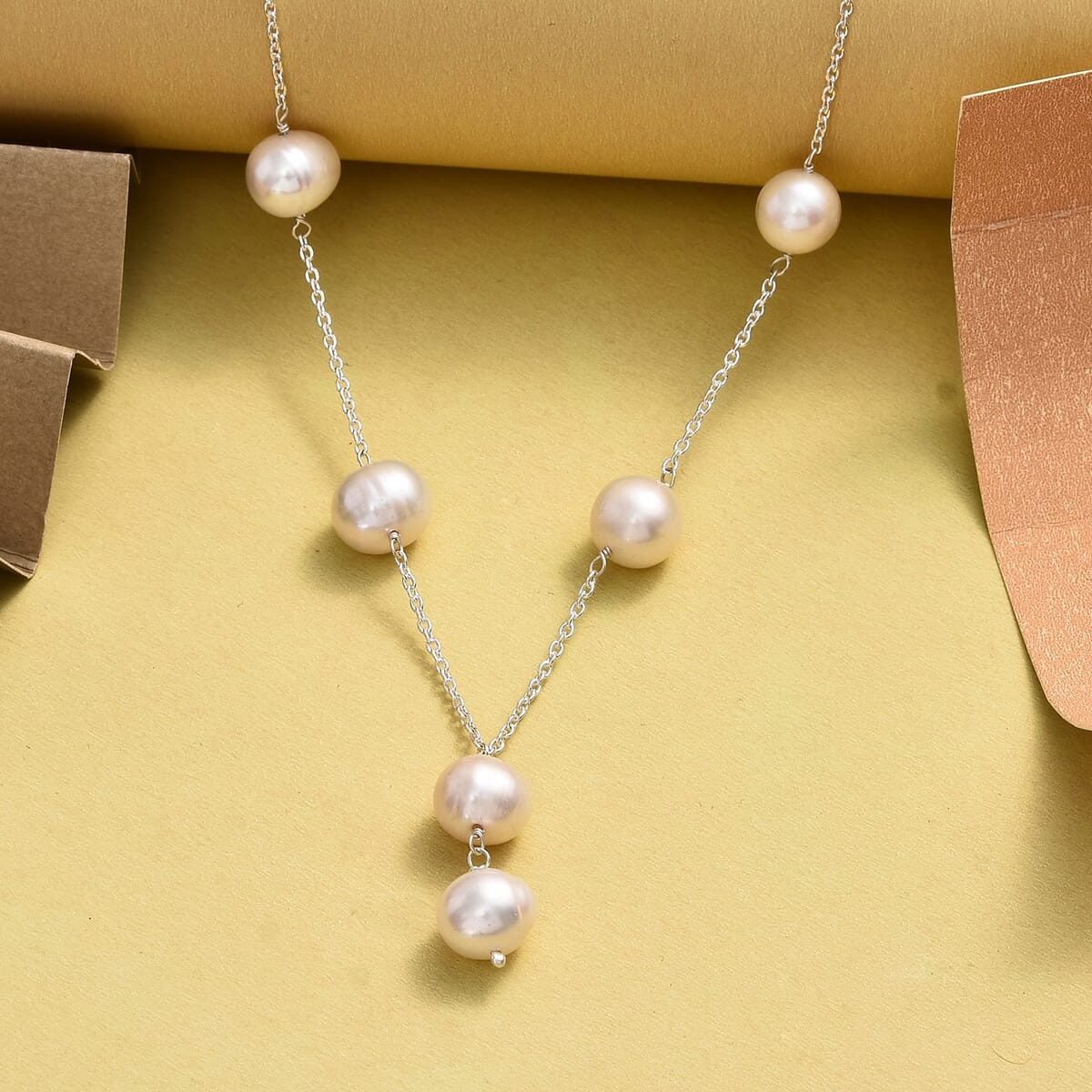 Freshwater Pearl Station Necklace 20 Inches in Sterling Silver image number 1