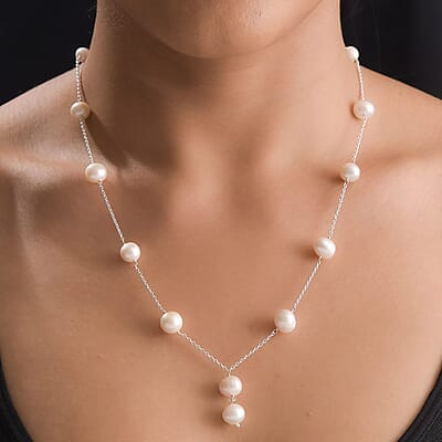 Freshwater Pearl Station Necklace 20 Inches in Sterling Silver
