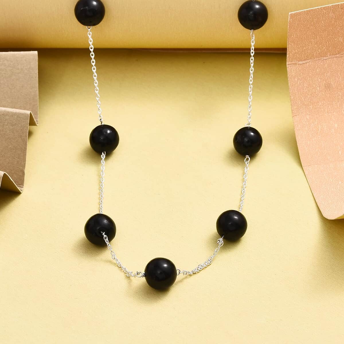 Shungite 33.60 ctw Beaded Station Necklace in Sterling Silver 20 Inches image number 1