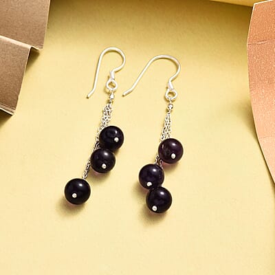 Amethyst 3 Stone Drop Earrings in Sterling Silver 23.75 ctw