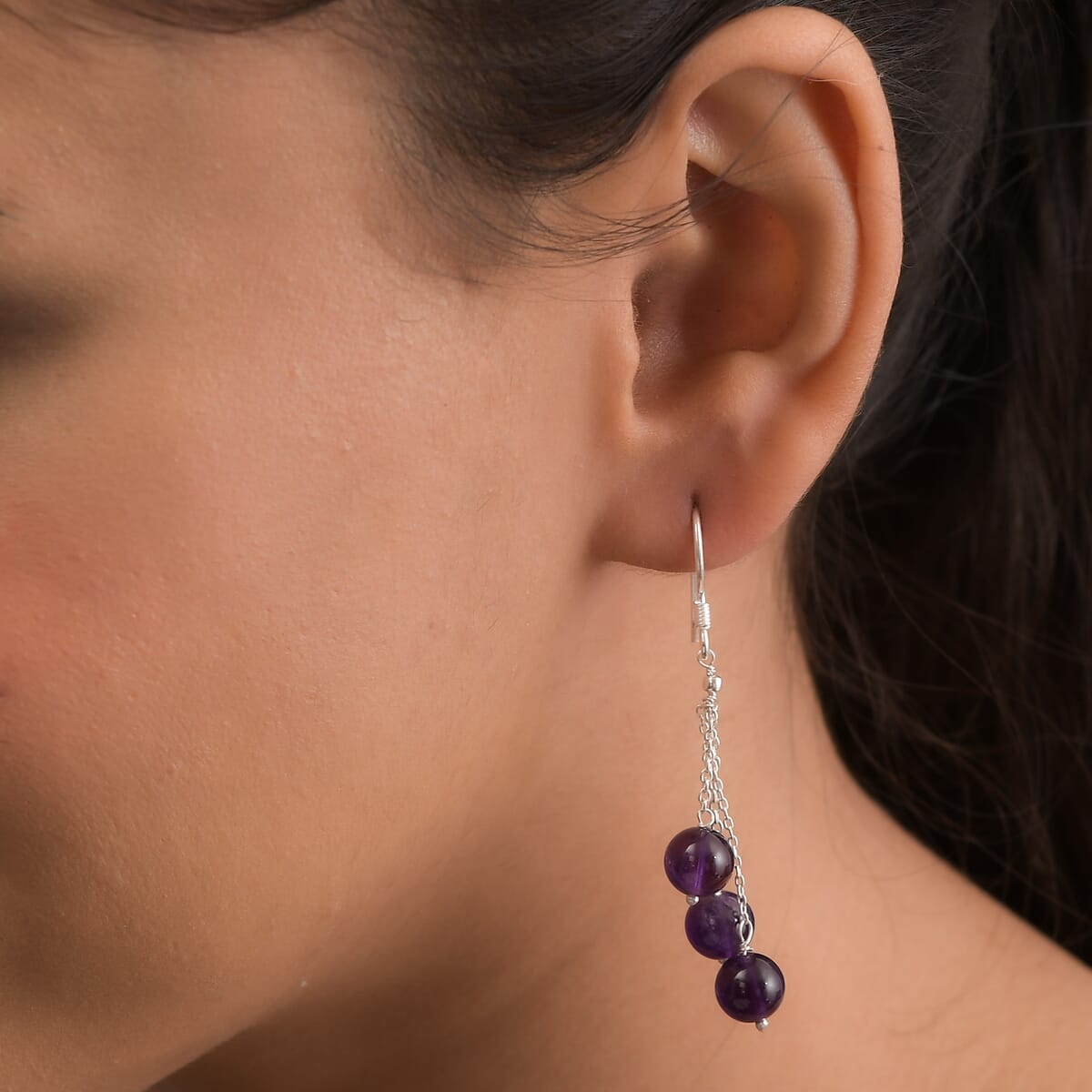 Amethyst 3 Stone Drop Earrings in Sterling Silver 28.00 ctw image number 2