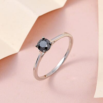 Premium Black Diamond Solitaire Ring in Platinum Over Sterling Silver (Size 10.0) 1.00 ctw