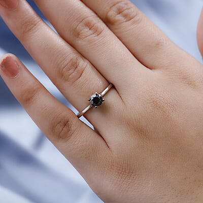 Premium Black Diamond Solitaire Ring in Platinum Over Sterling Silver (Size 10.0) 1.00 ctw