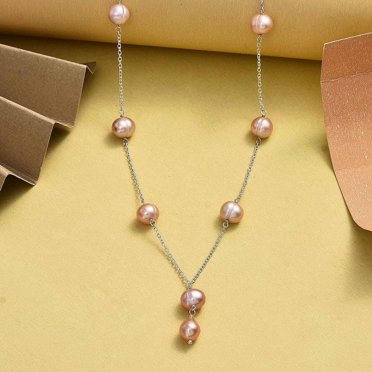 Peach Freshwater Pearl Necklace 20 Inches in Sterling Silver image number 1