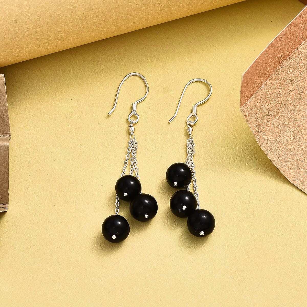 Thai Black Spinel 3 Stone Drop Earrings in Sterling Silver 20.25 ctw image number 1