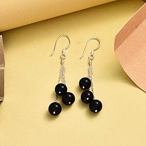 Thai Black Spinel 3 Stone Drop Earrings in Sterling Silver 20.25 ctw