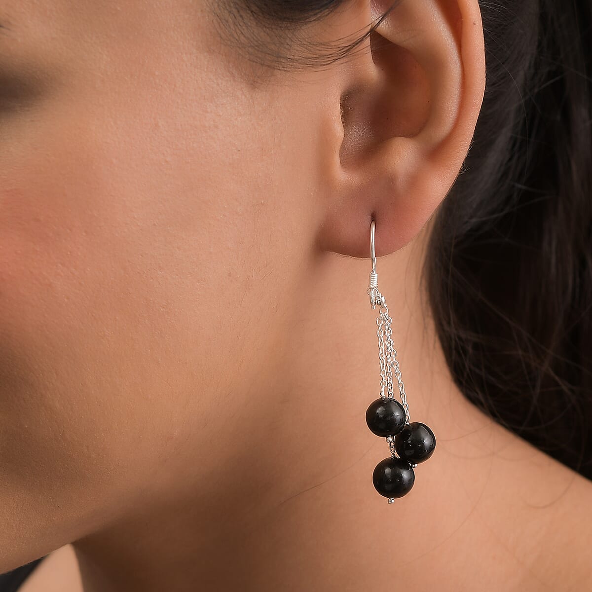 Thai Black Spinel 3 Stone Drop Earrings in Sterling Silver 20.25 ctw image number 2