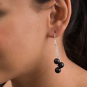 Thai Black Spinel 3 Stone Drop Earrings in Sterling Silver 20.25 ctw
