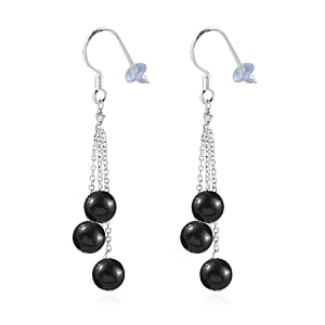 Thai Black Spinel 3 Stone Drop Earrings in Sterling Silver 20.25 ctw
