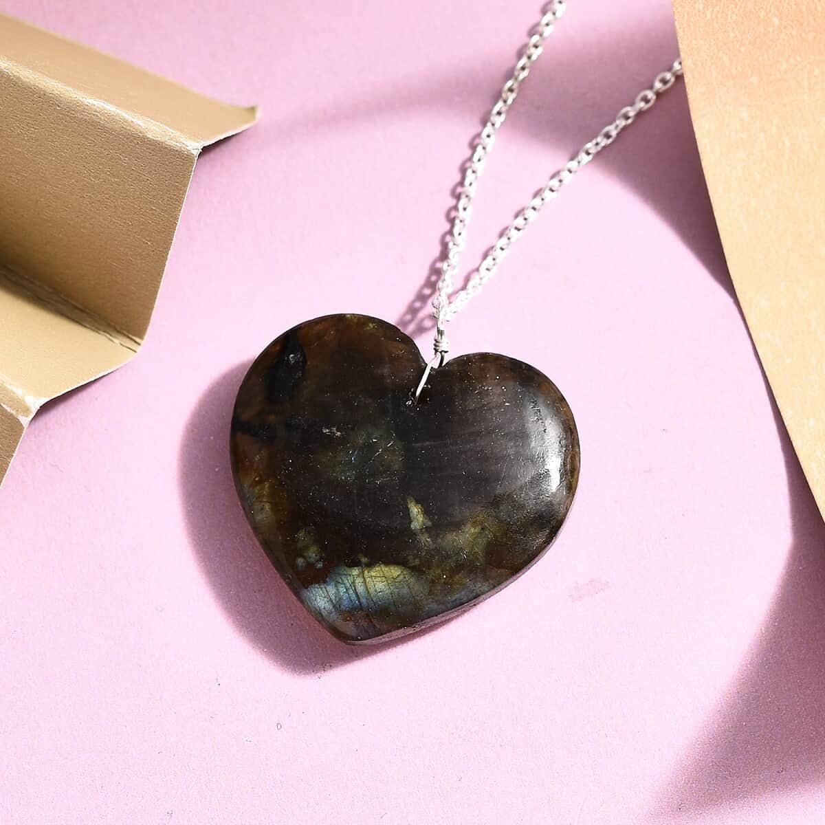 Malagasy Labradorite Heart Shape Necklace 20 Inches in Sterling Silver 51.10 ctw image number 2