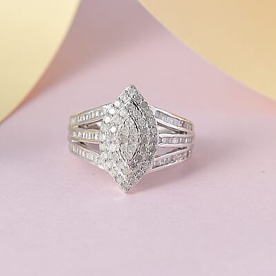 Diamond Ring in Platinum Over Sterling Silver (Size 8.0) (Del. 15-20 Days) 1.00 ctw