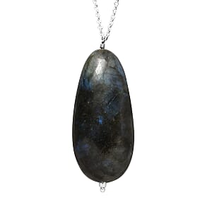 Malagasy Labradorite Long Pear Shape Necklace 20 Inches in Sterling Silver 50.00 ctw