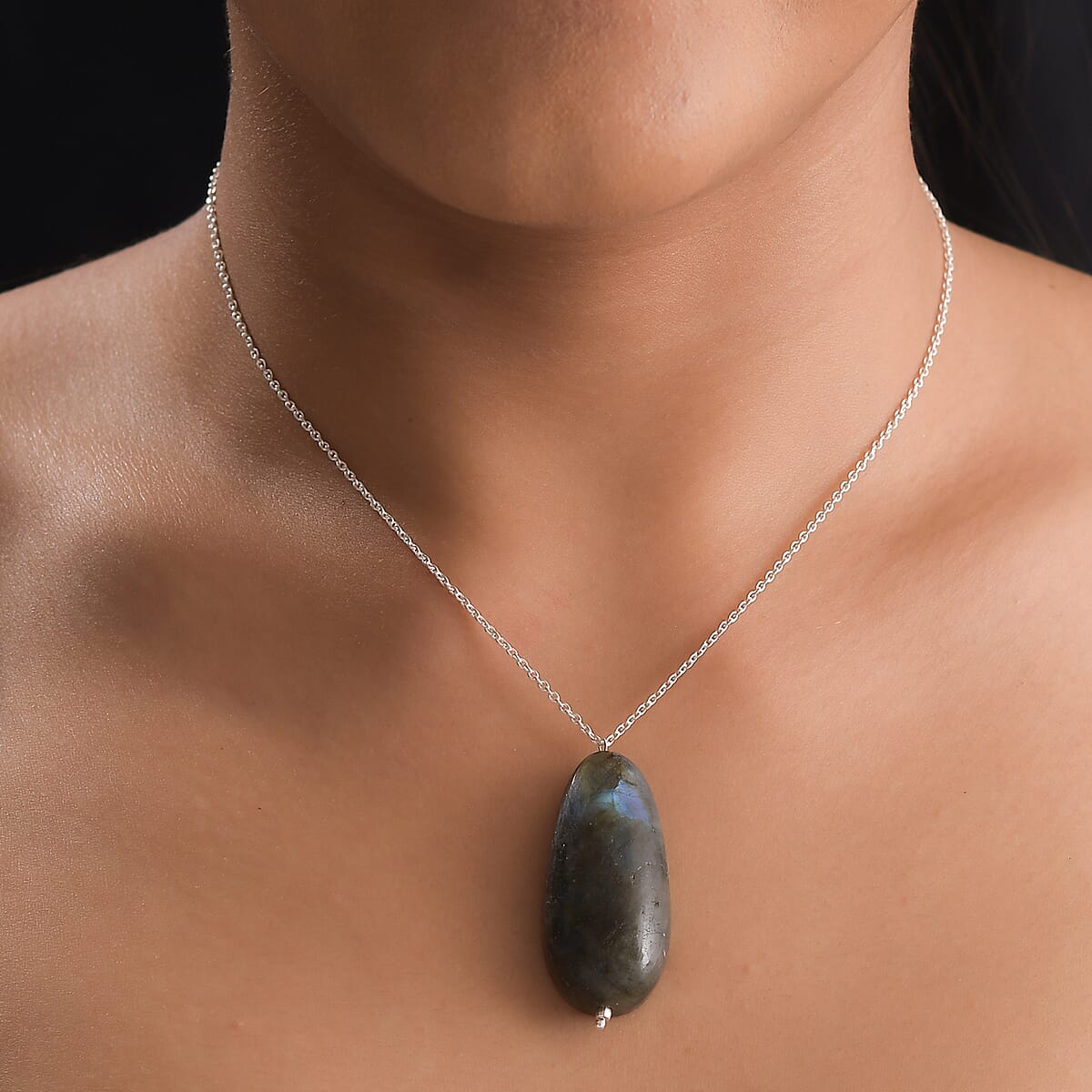 Malagasy Labradorite Long Pear Shape Necklace 20 Inches in Sterling Silver 50.00 ctw image number 1