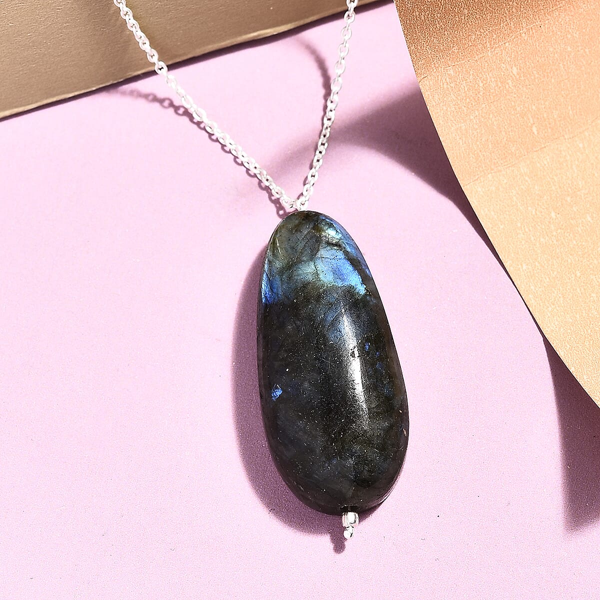Malagasy Labradorite Long Pear Shape Necklace 20 Inches in Sterling Silver 50.00 ctw image number 2