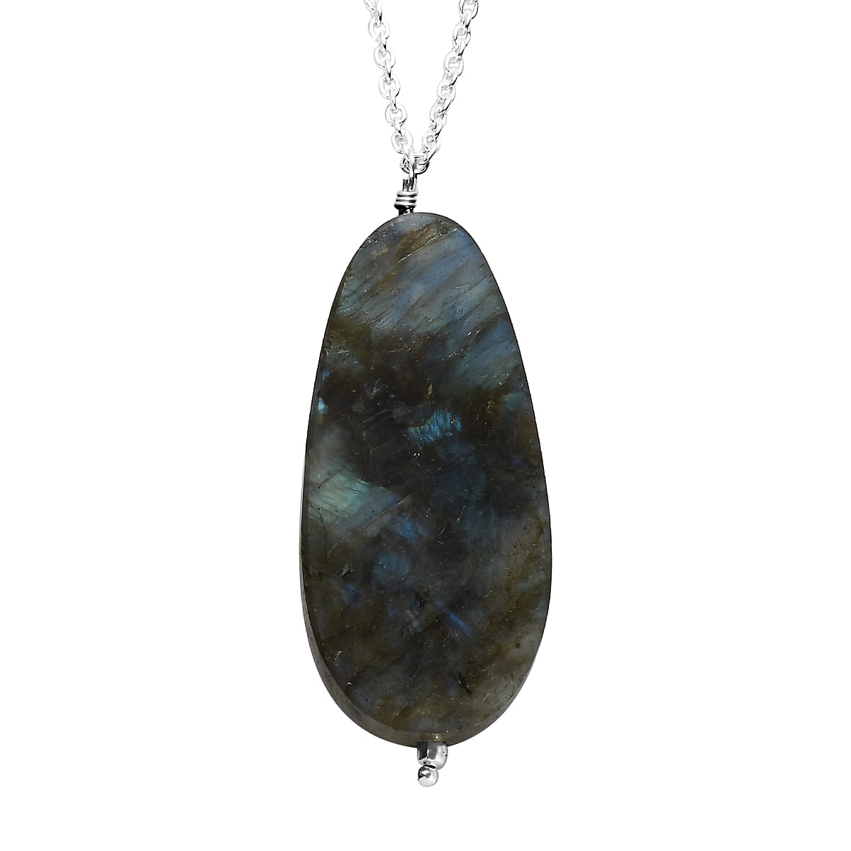 Malagasy Labradorite Long Pear Shape Necklace 20 Inches in Sterling Silver 50.00 ctw image number 4