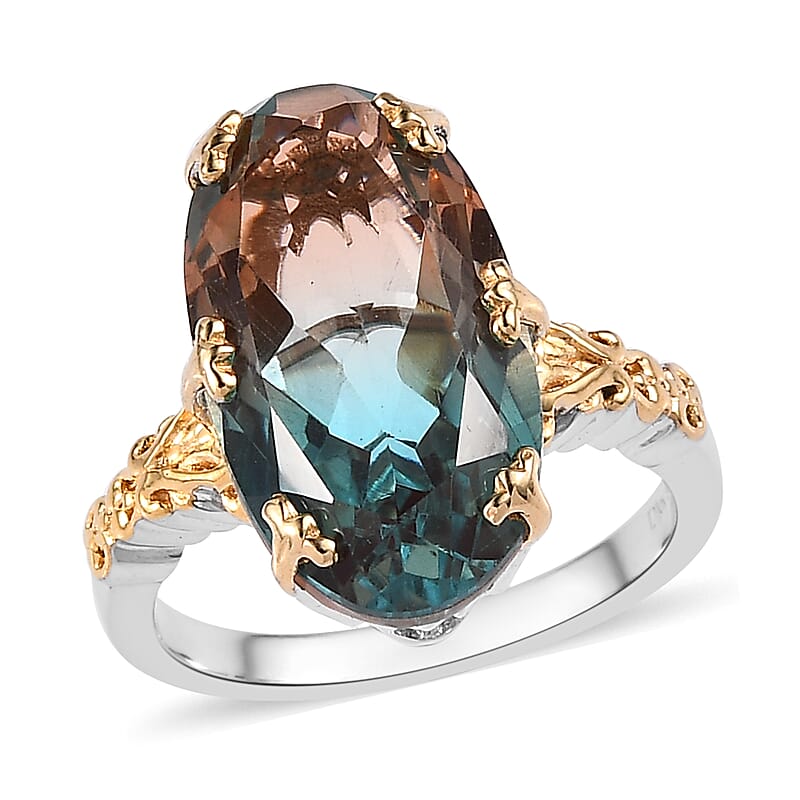 Aqua Terra Costa Quartz (Triplet) Ring in Vermeil YG and Platinum Over Sterling Silver (Size 10.0) 8.50 ctw