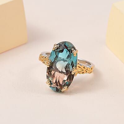 Aqua Terra Costa Quartz (Triplet) Ring in Vermeil YG and Platinum Over Sterling Silver (Size 10.0) 8.50 ctw