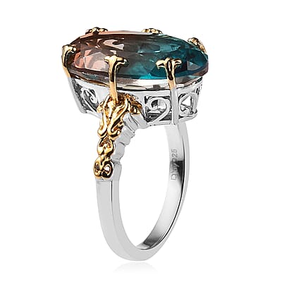 Aqua Terra Costa Quartz (Triplet) Ring in Vermeil YG and Platinum Over Sterling Silver (Size 10.0) 8.50 ctw