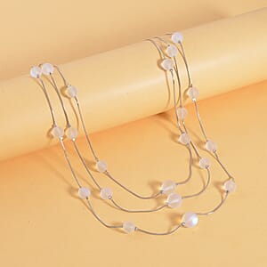 White Magic Color Glass 3 Row Station Necklace 20-22 Inches in Silvertone