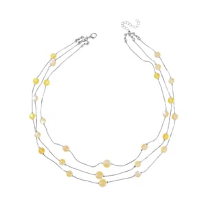 Yellow Magic Color Glass 3 Row Station Necklace 20-22 Inches in Silvertone