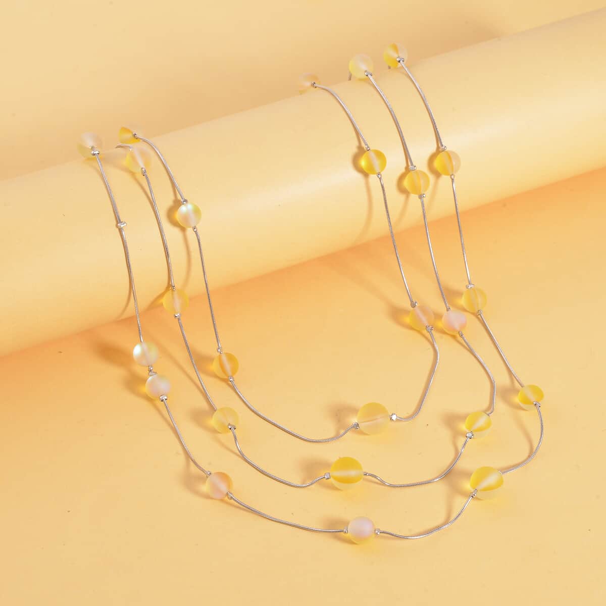 Yellow Magic Color Glass 3 Row Station Necklace 20-22 Inches in Silvertone image number 1