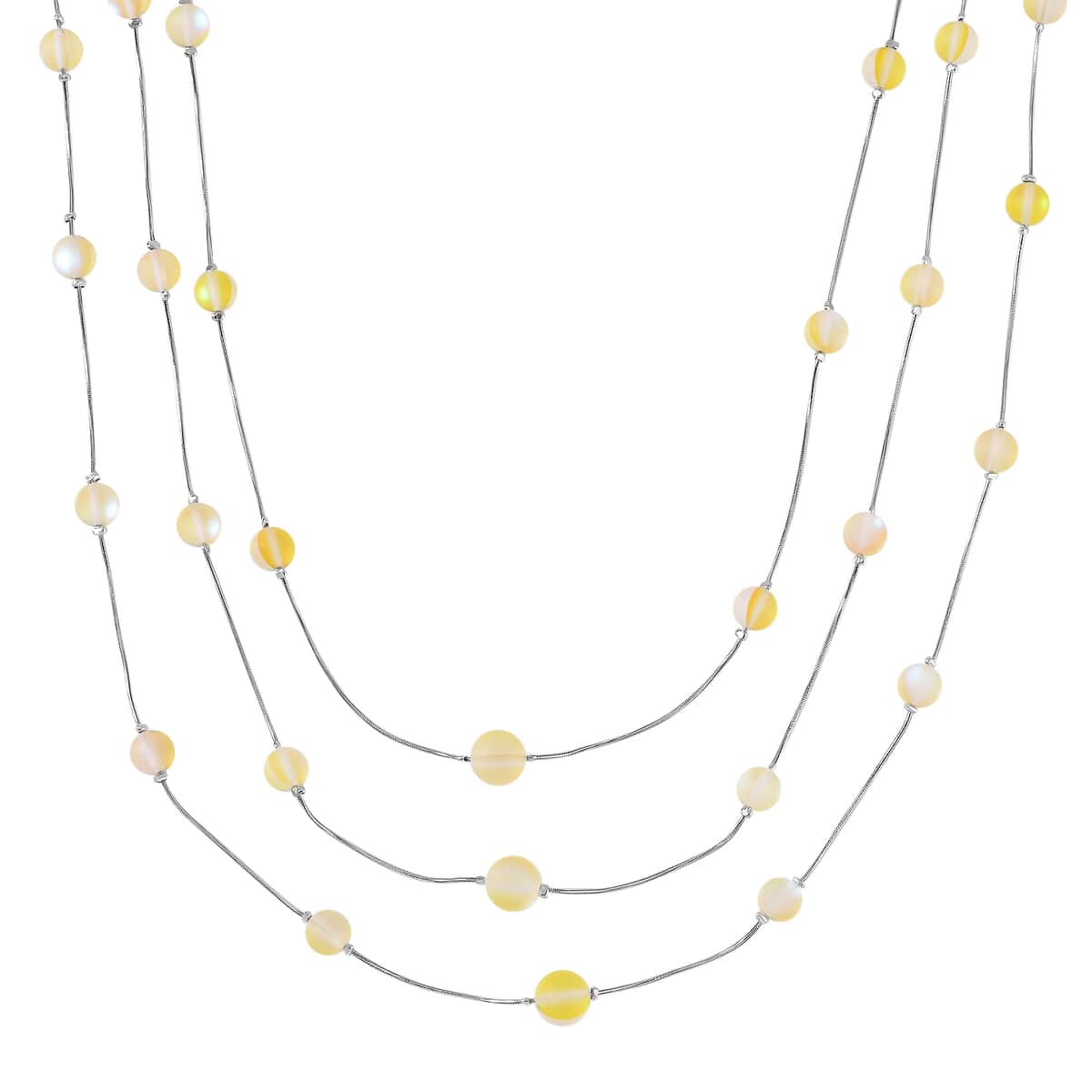 Yellow Magic Color Glass 3 Row Station Necklace 20-22 Inches in Silvertone image number 2