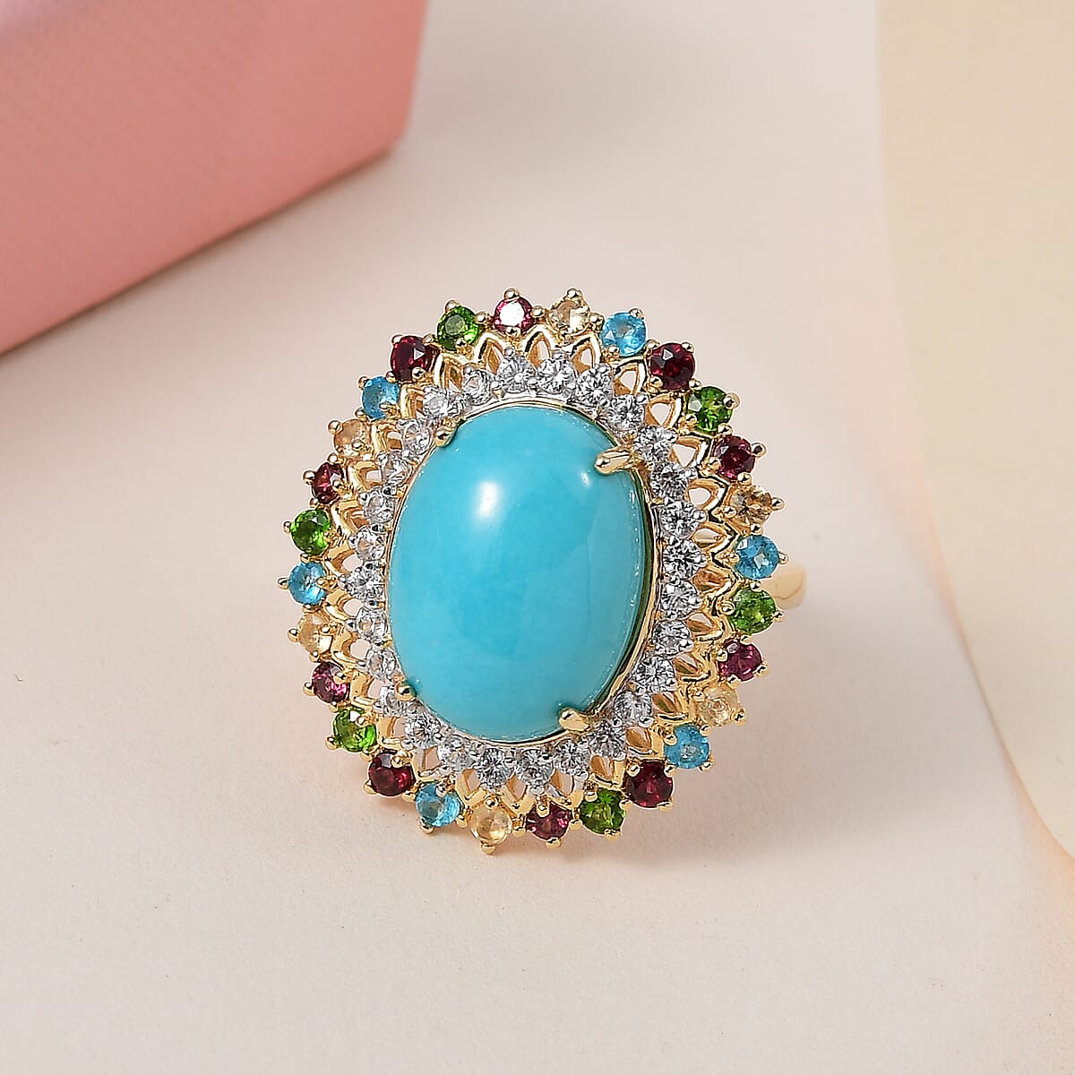 American Natural Sleeping Beauty Turquoise and Multi Gemstone Cocktail Ring in Vermeil Yellow Gold Over Sterling Silver 9.50 ctw image number 1