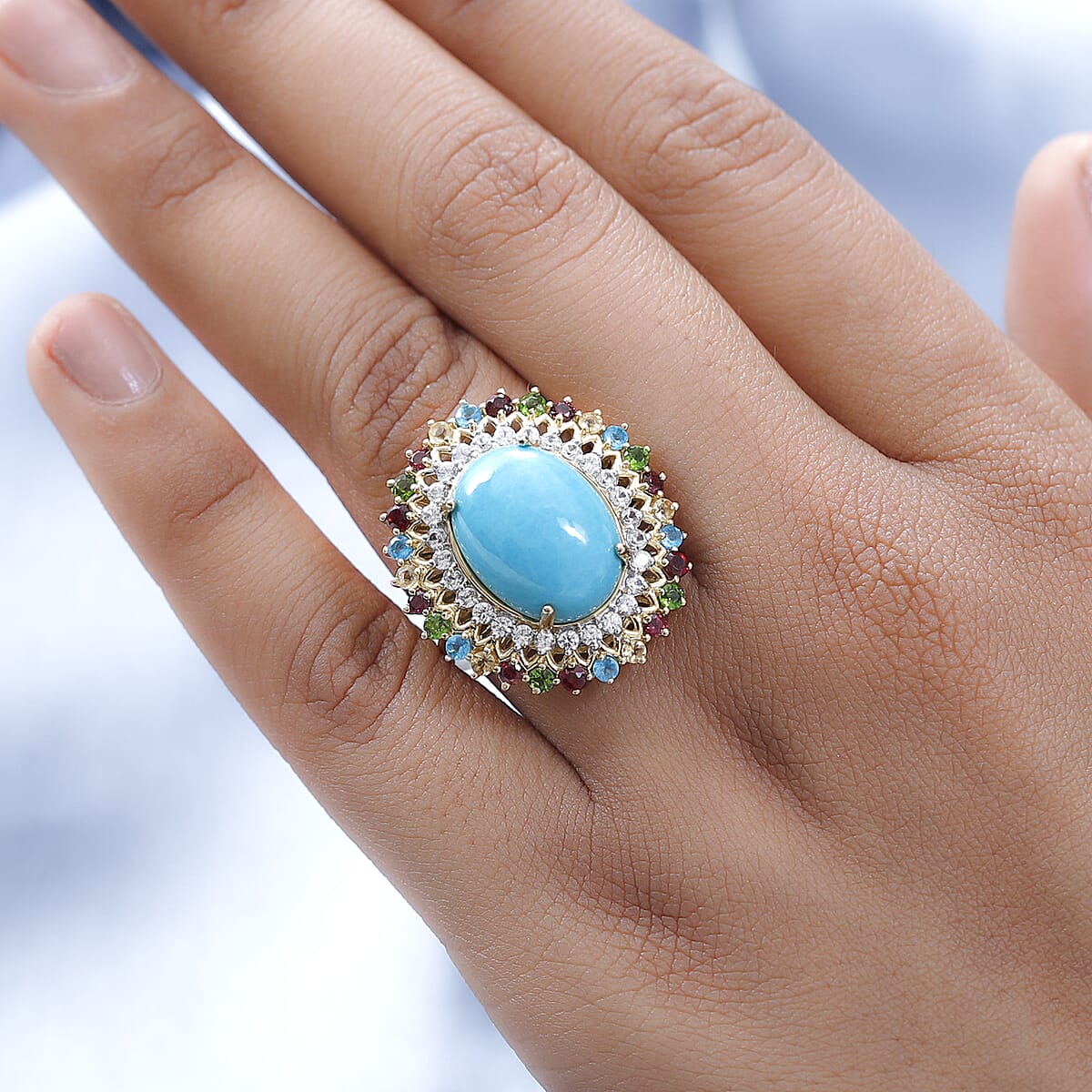 American Natural Sleeping Beauty Turquoise and Multi Gemstone Cocktail Ring in Vermeil Yellow Gold Over Sterling Silver 9.50 ctw image number 2