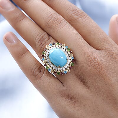 Sleeping Beauty Turquoise and Multi Gemstone Cocktail Ring in Vermeil Yellow Gold Over Sterling Silver (Size 10.0) 9.50 ctw
