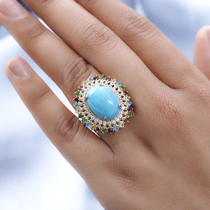 Sleeping Beauty Turquoise and Multi Gemstone Cocktail Ring in Vermeil Yellow Gold Over Sterling Silver (Size 10.0) 9.50 ctw