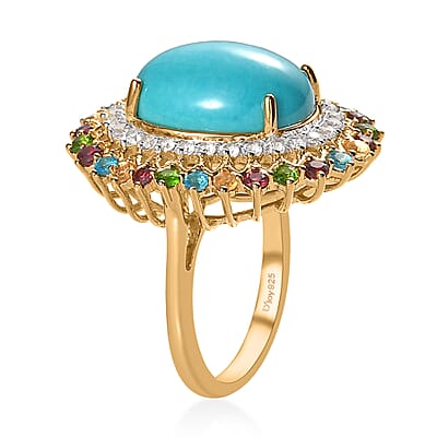 Sleeping Beauty Turquoise and Multi Gemstone Cocktail Ring in Vermeil Yellow Gold Over Sterling Silver (Size 10.0) 9.50 ctw