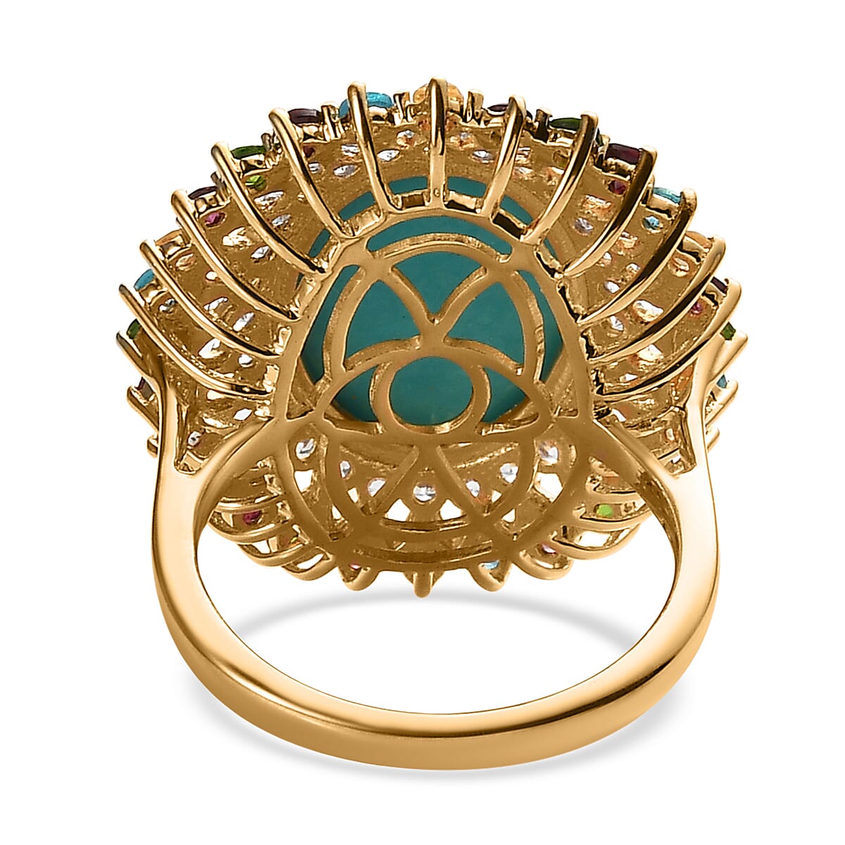 American Natural Sleeping Beauty Turquoise and Multi Gemstone Cocktail Ring in Vermeil Yellow Gold Over Sterling Silver 9.50 ctw image number 4