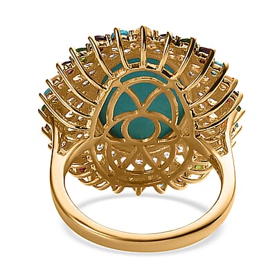 Sleeping Beauty Turquoise and Multi Gemstone Cocktail Ring in Vermeil Yellow Gold Over Sterling Silver (Size 10.0) 9.50 ctw