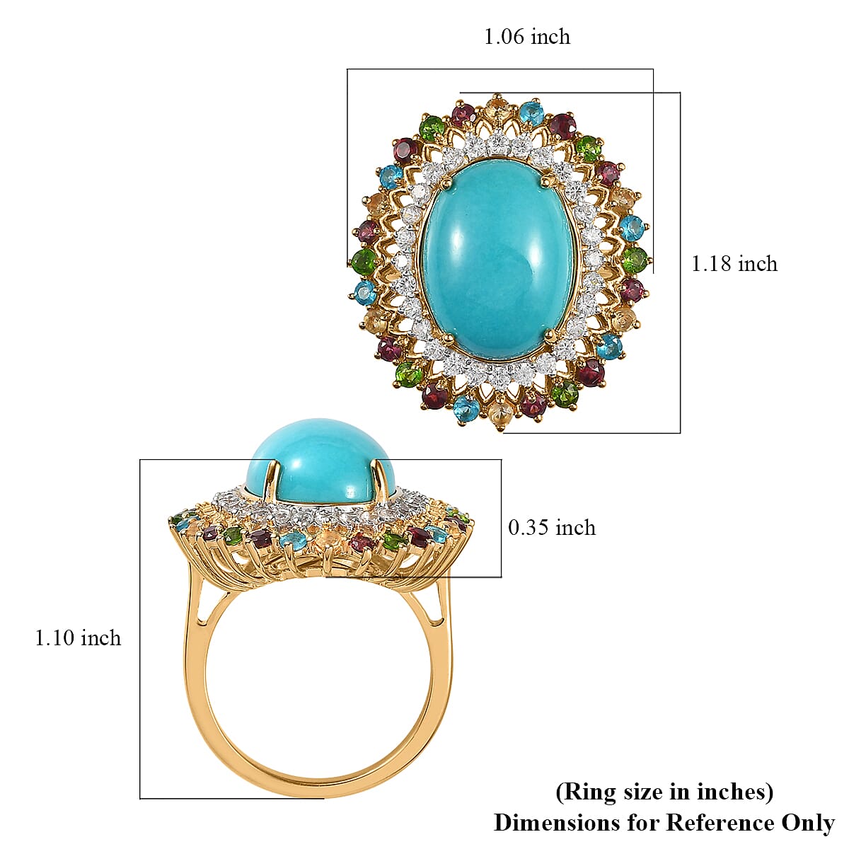 Sleeping Beauty Turquoise and Multi Gemstone Cocktail Ring in Vermeil Yellow Gold Over Sterling Silver (Size 10.0) 9.50 ctw