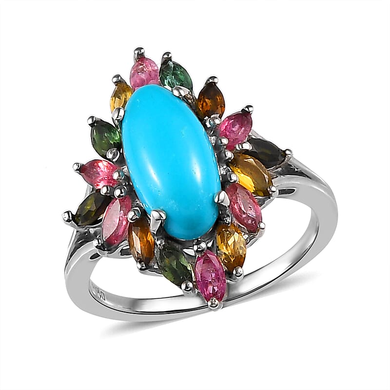 Sleeping Beauty Turquoise and Multi-Tourmaline Ring in Platinum Over Sterling Silver (Size 10.0) 3.40 ctw