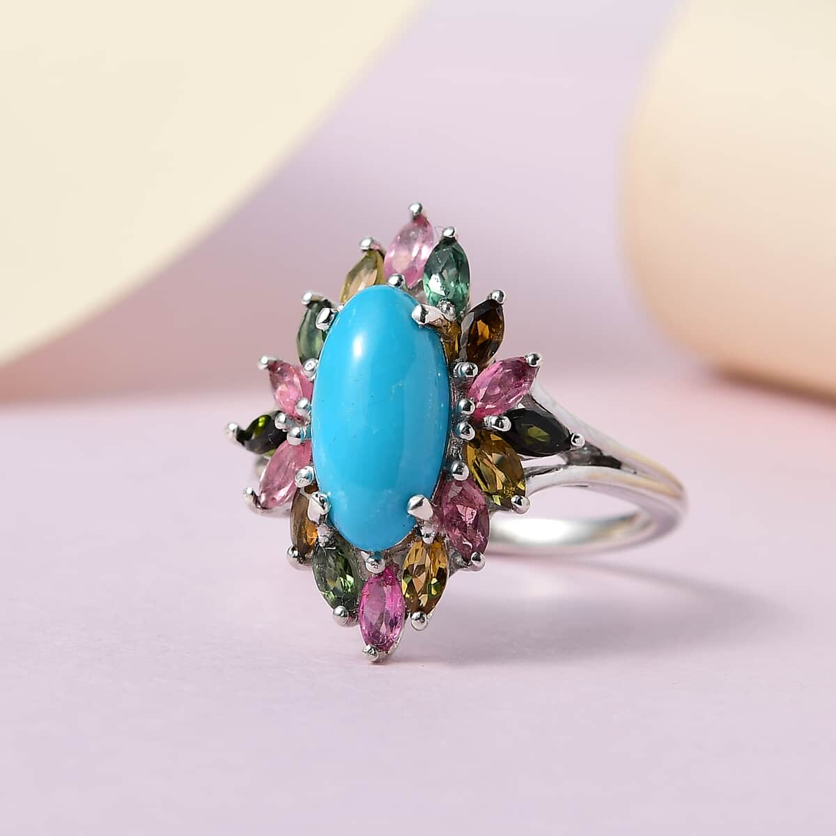 American Natural Sleeping Beauty Turquoise and Multi-Tourmaline Ring in Platinum Over Sterling Silver 3.40 ctw image number 1