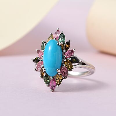 Sleeping Beauty Turquoise and Multi-Tourmaline Ring in Platinum Over Sterling Silver (Size 10.0) 3.40 ctw