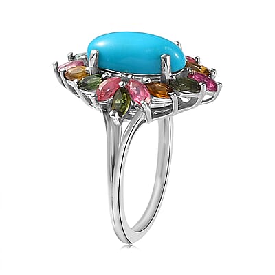 Sleeping Beauty Turquoise and Multi-Tourmaline Ring in Platinum Over Sterling Silver (Size 10.0) 3.40 ctw