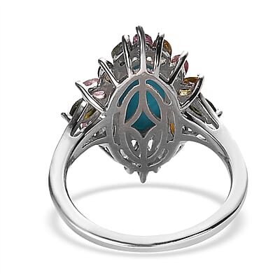 Sleeping Beauty Turquoise and Multi-Tourmaline Ring in Platinum Over Sterling Silver (Size 10.0) 3.40 ctw