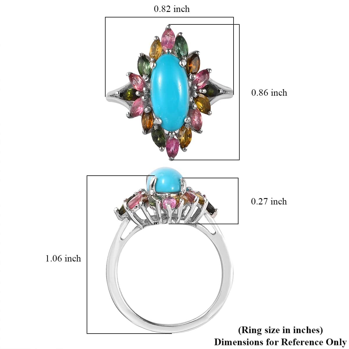 American Natural Sleeping Beauty Turquoise and Multi-Tourmaline Ring in Platinum Over Sterling Silver 3.40 ctw image number 5