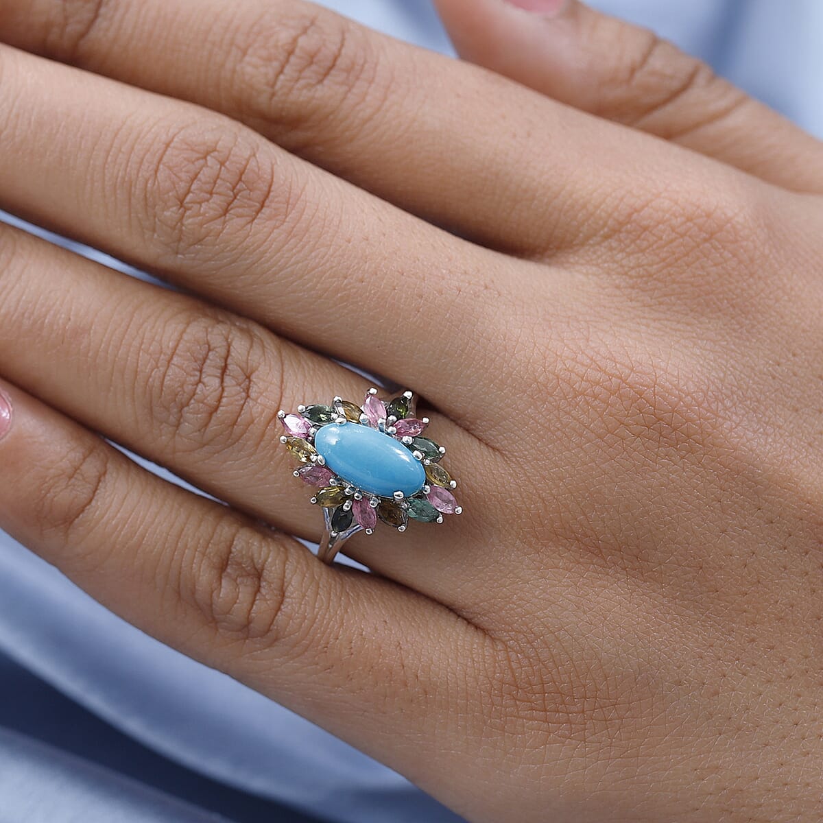 Sleeping Beauty Turquoise and Multi-Tourmaline Ring in Platinum Over Sterling Silver (Size 11.0) 3.40 ctw image number 2