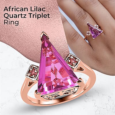 African Lilac Quartz Triplet Ring, Three Stone Ring, Morro Redondo Pink Tourmaline Ring, Sterling Silver Ring 5.85 ctw