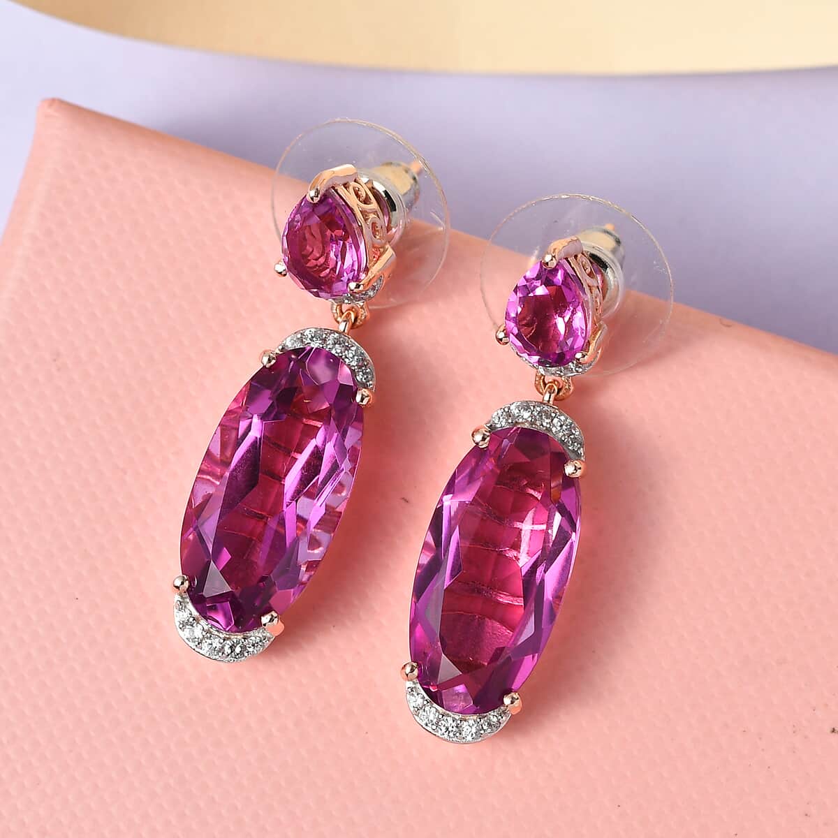 African Lilac Quartz (Triplet) and White Zircon Dangling Earrings in Vermeil Rose Gold Over Sterling Silver 15.90 ctw image number 1