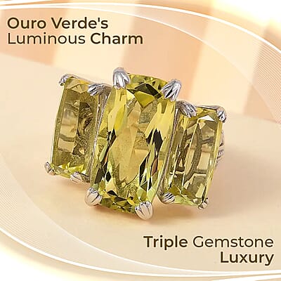 Ouro Verde Quartz 3 Stone Ring in Platinum Over Sterling Silver (Size 10.0) 19.90 ctw