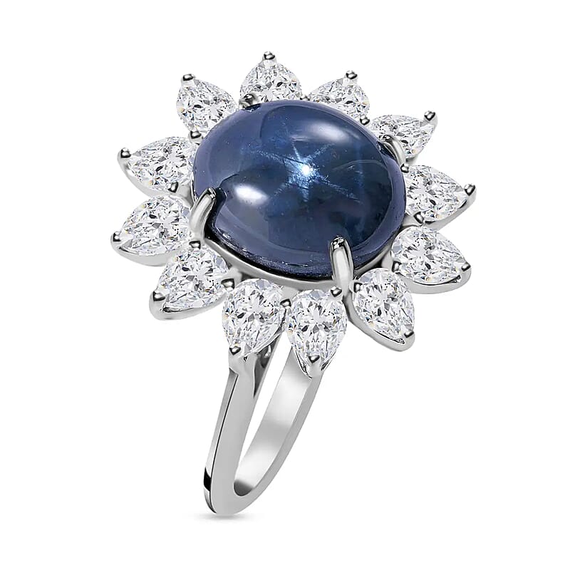 Blue Star Sapphire Ring, Moissanite Halo Ring, Sunburst Halo Ring, Platinum Over Sterling Silver Ring 7.15 ctw
