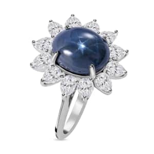 Blue Star Sapphire Ring, Moissanite Halo Ring, Sunburst Halo Ring, Platinum Over Sterling Silver Ring 7.15 ctw