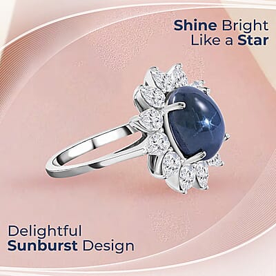 Blue Star Sapphire Ring, Moissanite Halo Ring, Sunburst Halo Ring, Platinum Over Sterling Silver Ring 7.15 ctw